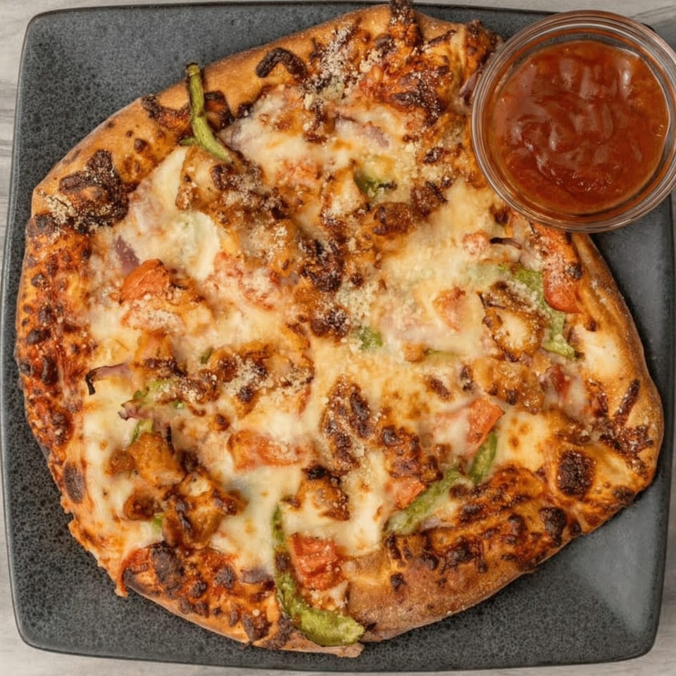A round, cheesy pizza with chicken, bell peppers, and tomatoes, served with a side of sauce.