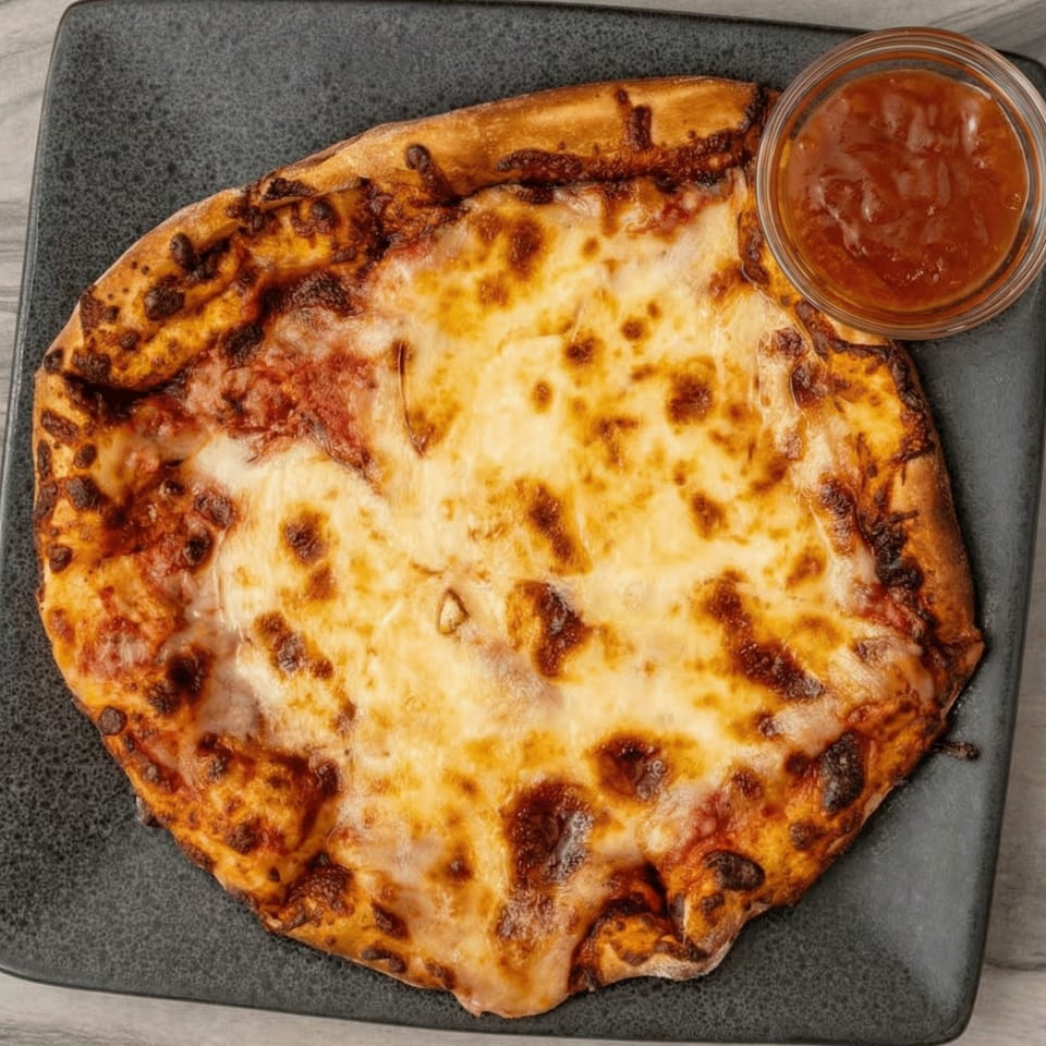 A golden-brown cheese pizza with a side of red dipping sauce on a dark gray plate.