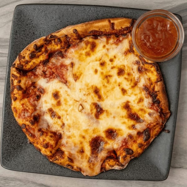 A golden-brown cheese pizza with a side of red sauce on a dark rectangular plate.