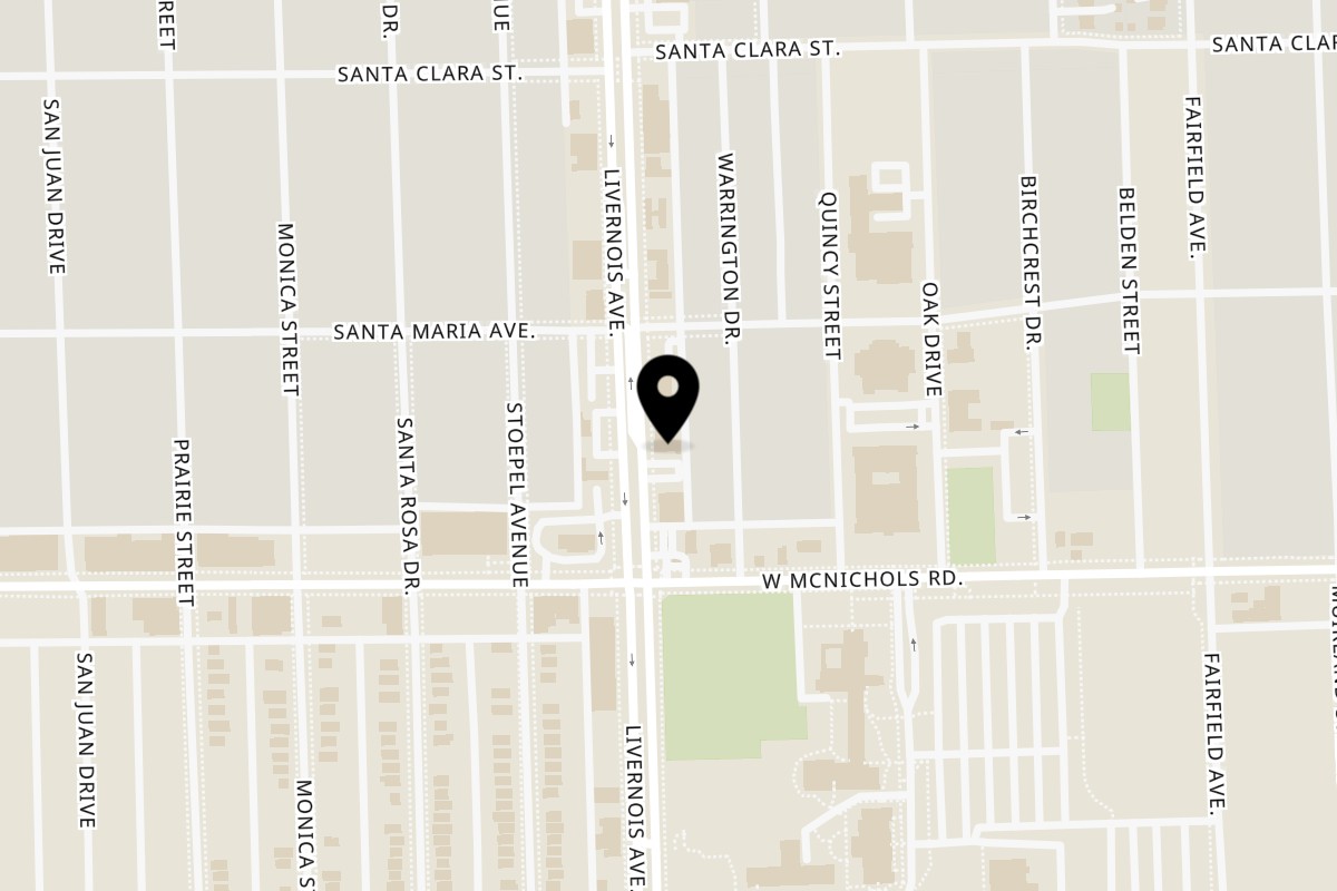 Map showing the location of Gregg's Pizza & Bar-B-Que on 17160 Livernois in Detroit
